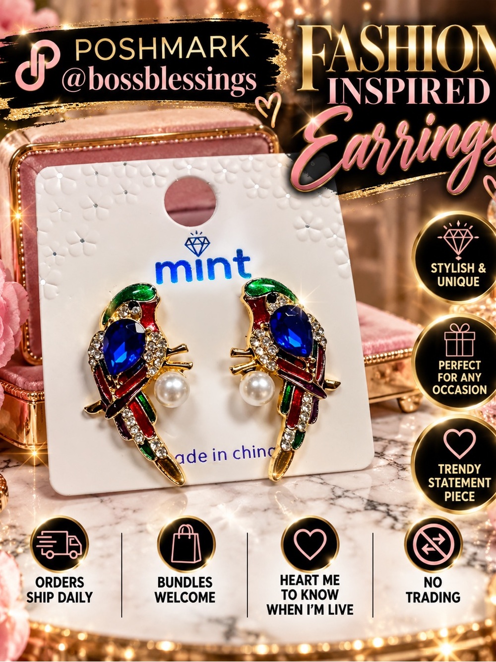 💎 Mint Jeweled Parrot Statement Earrings | Colorful Crystal & Pearl🦜